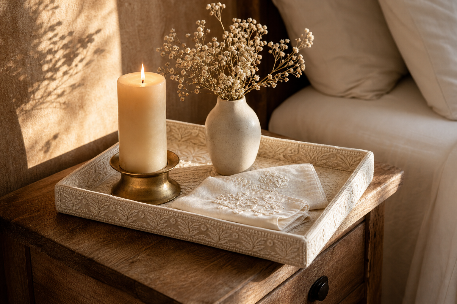 Embroidered tray styling with candle and dried florals