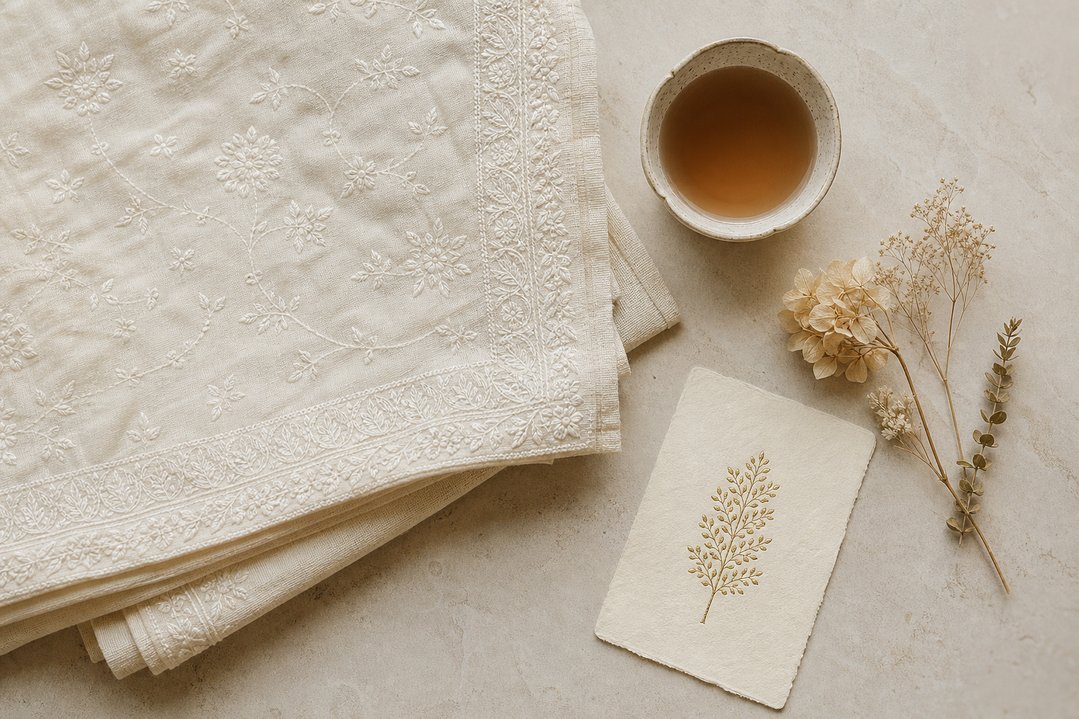 Chikankari throw with tea and dried flowers flat-lay