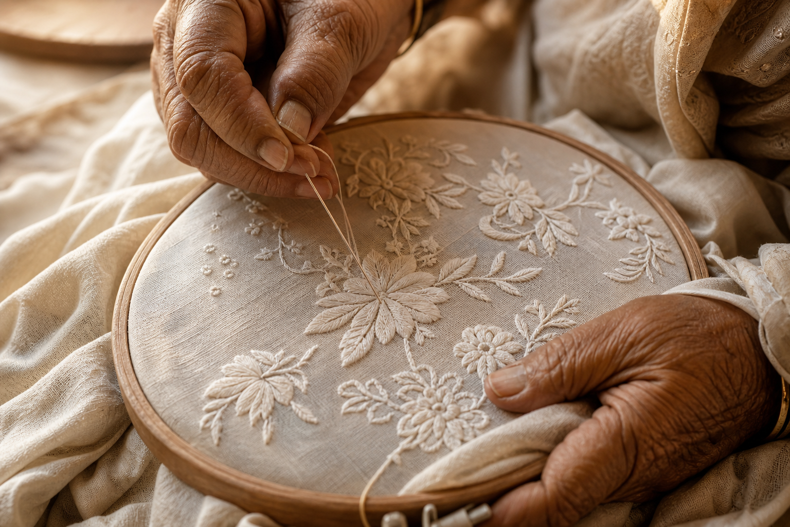 Artisan hands stitching a Chikankari floral motif on an embroidery frame
